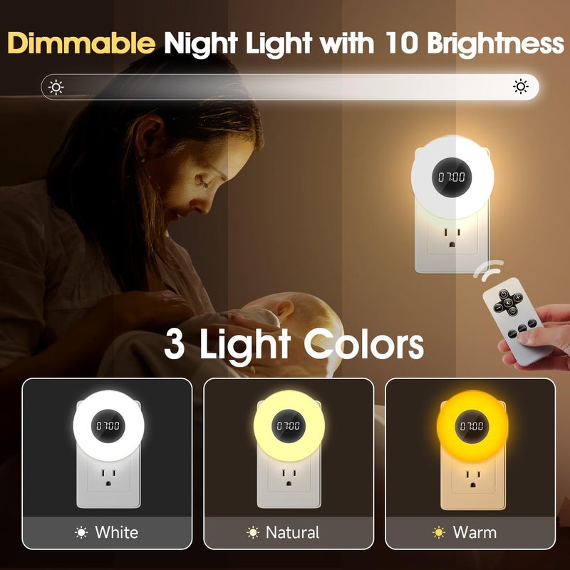 Onefire 【2 Pack】 Bathroom Clock,10 Levels Dimmable+3 Light Colors+Remote Shower Clock+Bathroom Shower Timer, 90 Lumen Shower Lights, Aora Night Light, Small Clock Plug in Timer, Dimmable Night Light - Image 3